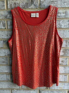 Chico's Sleeveless Round Neck Orange/Gold Sequin Printed Tank Top Size 2 ( L )